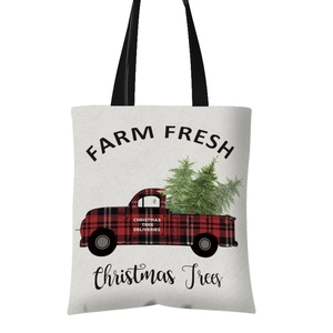 Canvas Christmas tote bag with vintage red plaid truck and farm fresh trees print