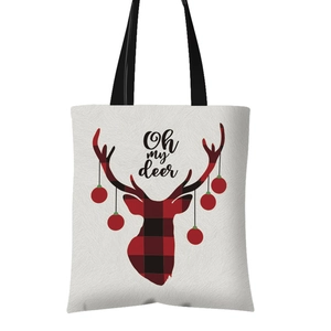 White canvas Christmas tote bag with buffalo plaid deer head and Oh My Deer print