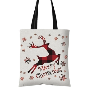 Christmas canvas tote bag with red and black plaid reindeer design and Merry Christmas text