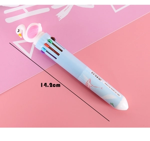 Cute 10-color retractable ballpoint pen with pink swan topper and blue barrel 14.2cm