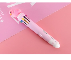 Pink multi-color retractable ballpoint pen with flamingo topper and 0.5mm tip detail