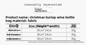 Size chart showing 30x14cm linen Christmas wine bottle bags with Santa and snowman motifs