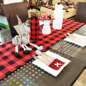 Christmas table runner with red plaid gnome dolls and festive bottle covers set