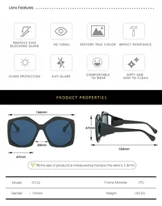 Detailed size chart for geometric oversized sunglasses showing frame dimensions and weight
