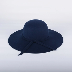 Navy blue felt wide brim hat with dome crown and matching bow ribbon tie for women