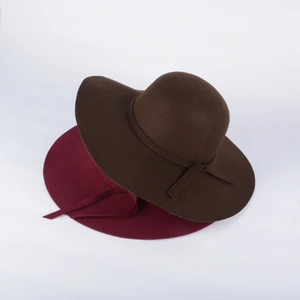 Detailed top view of wide brim wool felt fedora hats in brown and burgundy colors