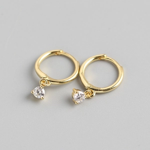 S925 sterling silver gold hoop earrings with sparkling round white zircon drops