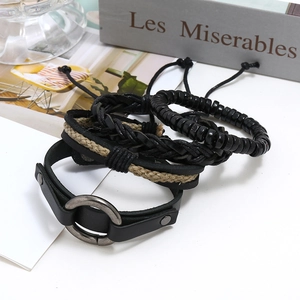 Men's retro four-piece braided leather bracelet set with punk style metal rings and beads