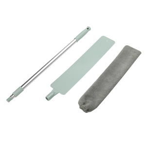 Flat lay of telescopic long handle duster set with microfiber cloth for gap cleaning