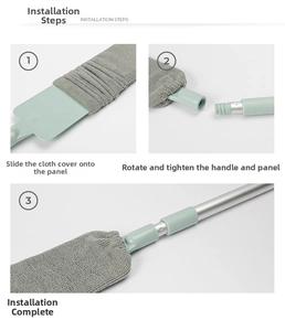 Three-step assembly guide for the gap duster showing microfiber cover and pole installation