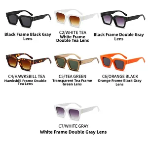 Detailed grid of rectangular sunglasses in black, white, orange, and tortoiseshell frames