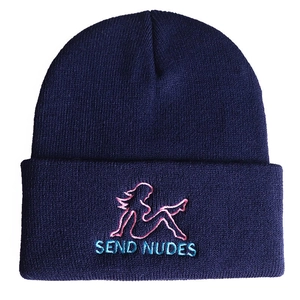 Dark blue knitted beanie featuring pink female silhouette and Send Nudes embroidery