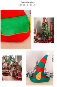 Detail view of red and green striped Christmas elf hat with soft yellow ears and pompom