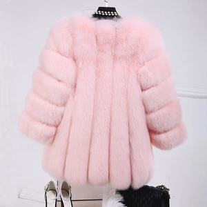 Rear view of a pink faux fur coat showing plush texture and horizontal panel design