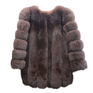 Detailed view of thick brown faux fur texture and round neck design on long sleeve coat
