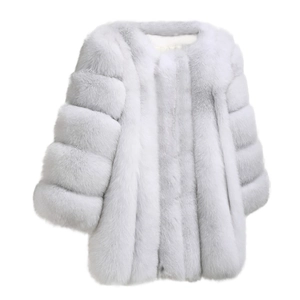 Detailed texture of women's long sleeve faux fur coat in elegant glacier white color