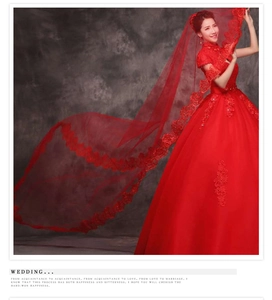 Close-up of elegant red bridal veil with intricate lace floral embroidery and sequins