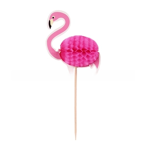 Macro detail of a 3D pink flamingo honeycomb paper cocktail stick on a wooden pick