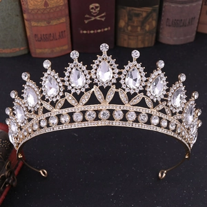 Macro detail of luxury baroque bridal crown with crystals and gold alloy setting