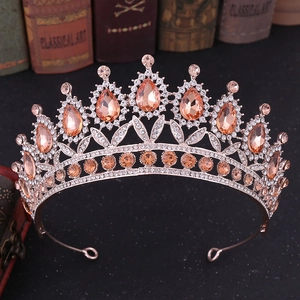 Close-up of rose gold Baroque crown featuring champagne water-drop crystals and rhinestones