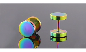 Close-up of titanium steel barbell earrings with vibrant rainbow gradient finish