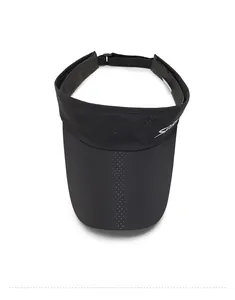 Detail view of black breathable tennis visor with white SPORTS logo and mesh fabric