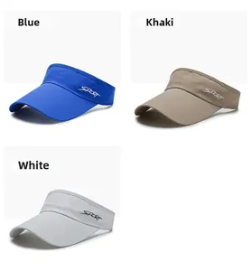 Detailed view of sport sun visors in blue, khaki and white colors with mesh texture