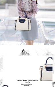 Detail of blue and white contrast handbag showing high-quality PU leather texture