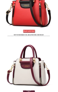 Detail view of contrast color handbags in red-black and wine-white with gold hardware