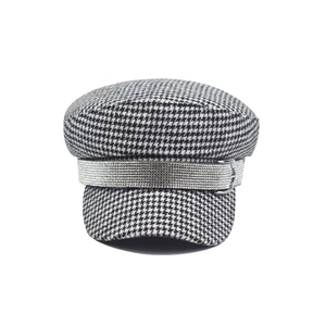 Chic houndstooth newsboy hat with sparkling silver rhinestone strap and metal buckle