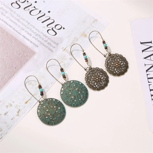 Détail de boucles d'oreilles bohèmes ajourées en bronze avec perles turquoise sur fond revue