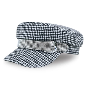 Fashionable black and white houndstooth baker boy hat with rhinestone strap and metal buckle