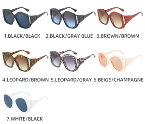 Grid view of seven stylish geometric sunglasses with unique cutout temple detail