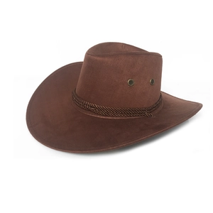 Detail of a brown suede cowboy hat with a braided band and metal ventilation eyelets
