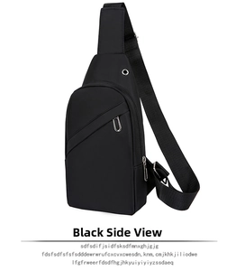 Detail view of black nylon sling bag showing zipper compartments and headphone port