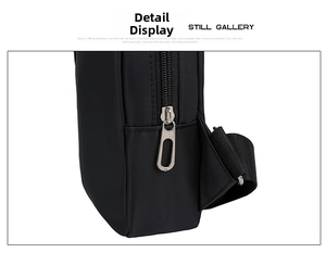 Close-up of durable black nylon fabric and premium silver metal zipper on crossbody bag