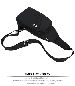 Detail of waterproof nylon crossbody bag with headphone port and metal zipper hardware