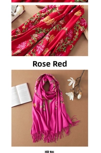 Detailed close-up of intricate floral embroidery and tassels on red cashmere scarves