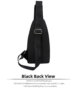 Detail view of the black waterproof nylon chest bag back with wide strap and silver buckle