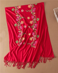 Red wool cashmere shawl with floral embroidery and tassel fringe details