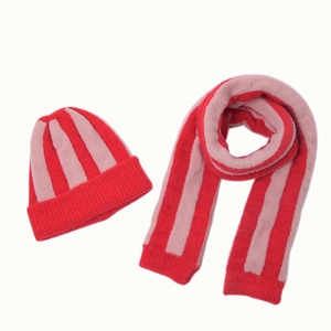 Cozy red and pink striped knitted beanie and scarf set for toddlers and babies