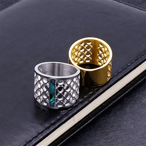 Modern hollow cutout stainless steel wide band rings in gold and silver with shell inlay