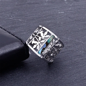 Hollow leaf pattern stainless steel wide ring with abalone shell inlay in silver finish