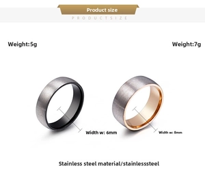 Minimalist brushed stainless steel rings showing 6mm and 8mm width measurements