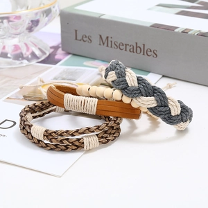 Men's retro braided leather bracelet set with wooden beads and adjustable cord
