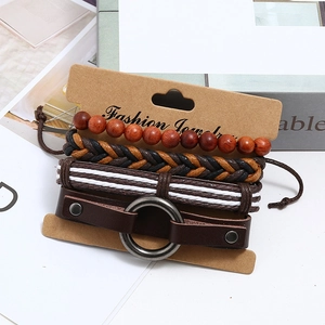 Retro 4-piece men's leather bracelet set with woven ropes and wooden beads in earthy tones