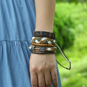 Vintage woven leather bracelets set for men with anchor and arrow charms 5-piece stack