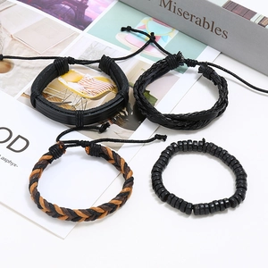 Men's retro four-piece bracelet set with black leather, wood beads, and braided wax cords