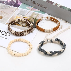 Men's retro 4-piece set of woven leather bracelets with wooden beads and adjustable cords