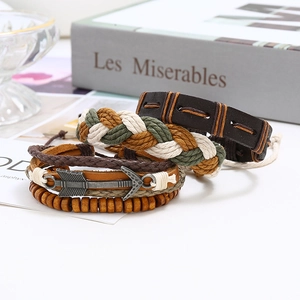 Retro multi-layer braided leather bracelet set with wooden beads and arrow charm